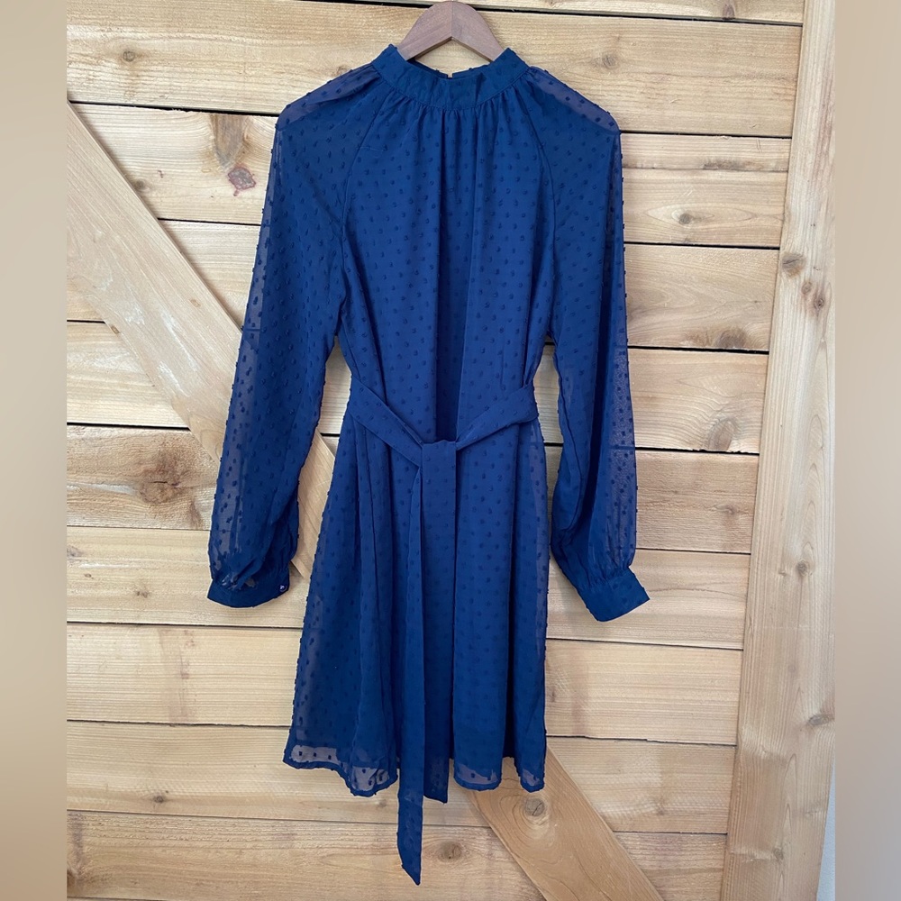 Hidden Brand Navy Blue Long Sleeve Midi Dress with Raised Dots Material